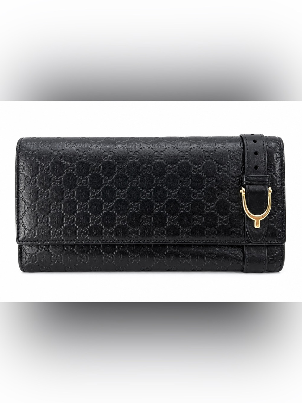 Gucci Black Embossed Leather Continental Wallet Gold Horsebit Hardware Excellent